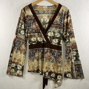 VTG Women Y2K Fairy Grunge Top Boho Asymmetric Hem Belted Slit Flare Sleeve USA